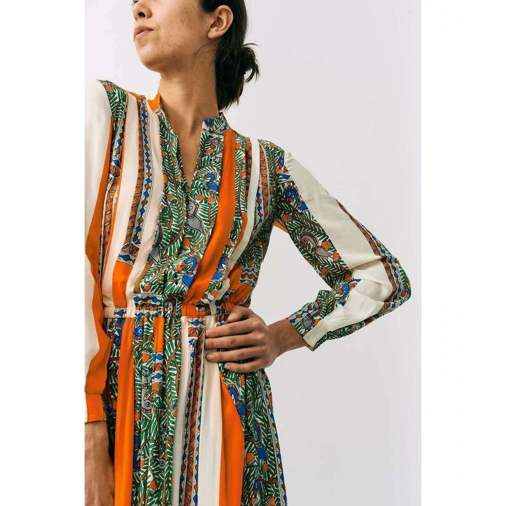 Tory Burch Orange Cream Silk Geometric Botanical Print Midi Dress Size‎ 2